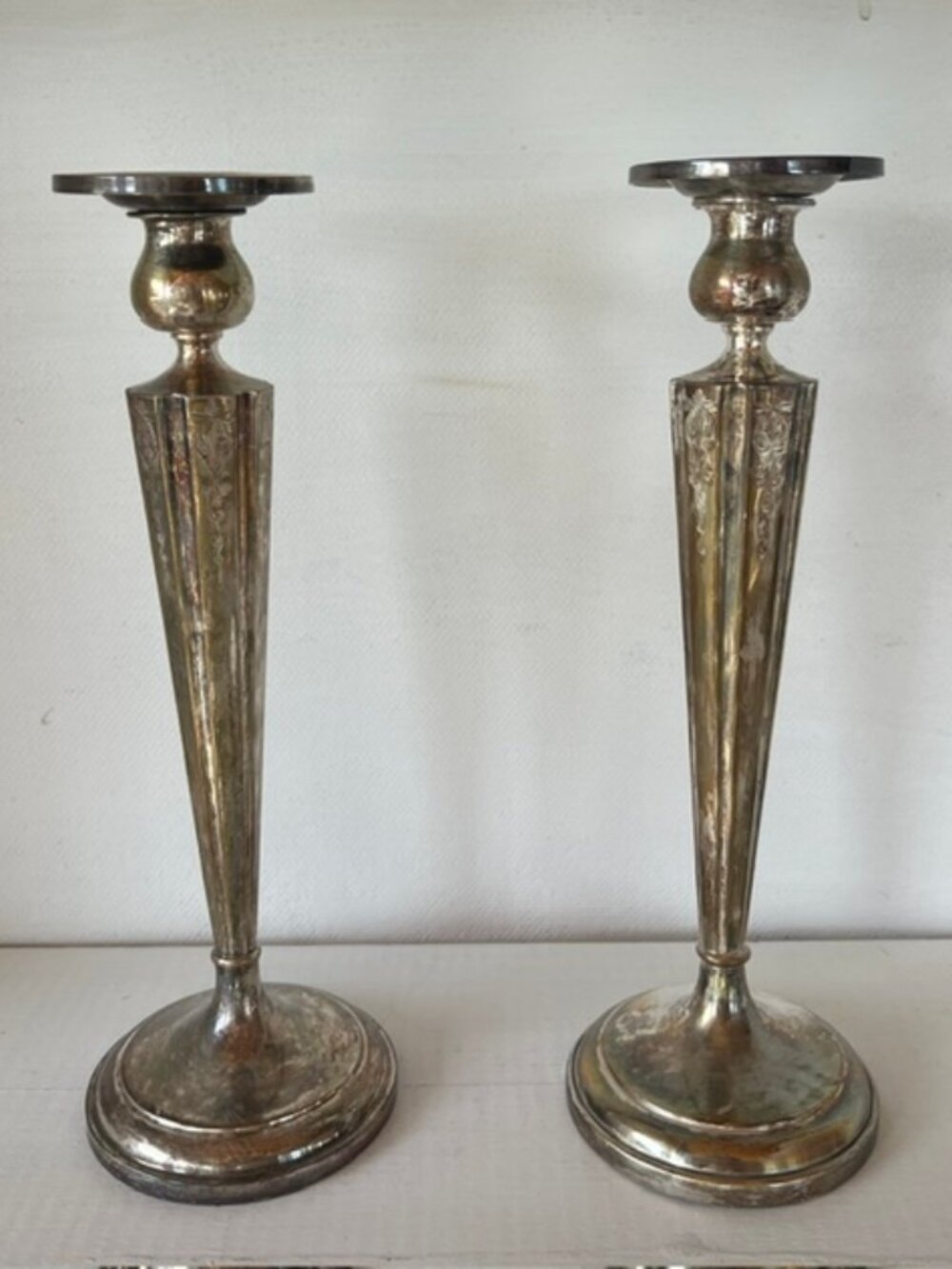Antique Birks Sterling Silver 12” Candlesticks Pair 15/26 Engraved Weighted